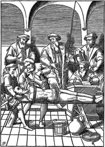 "The Water Torture.— Facsimile of a Woodcut in J. Damhoudère's Praxis Rerum Criminalium: in 4to, Antwerp, 1556." - Used to illustrate http://en.wikipedia.org/wiki/Water_cure