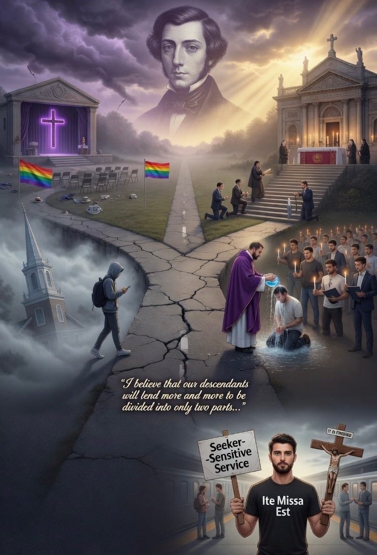 The Mushy Middle Is Collapsing: Tocqueville and the Catholic Surge of Easter 2026